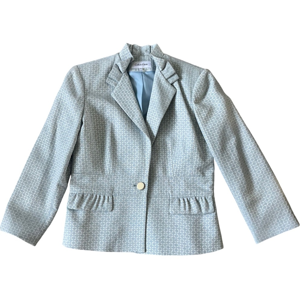 CALVIN KLEIN Blue and White Blazer with Ruffle Neck Line Size 10